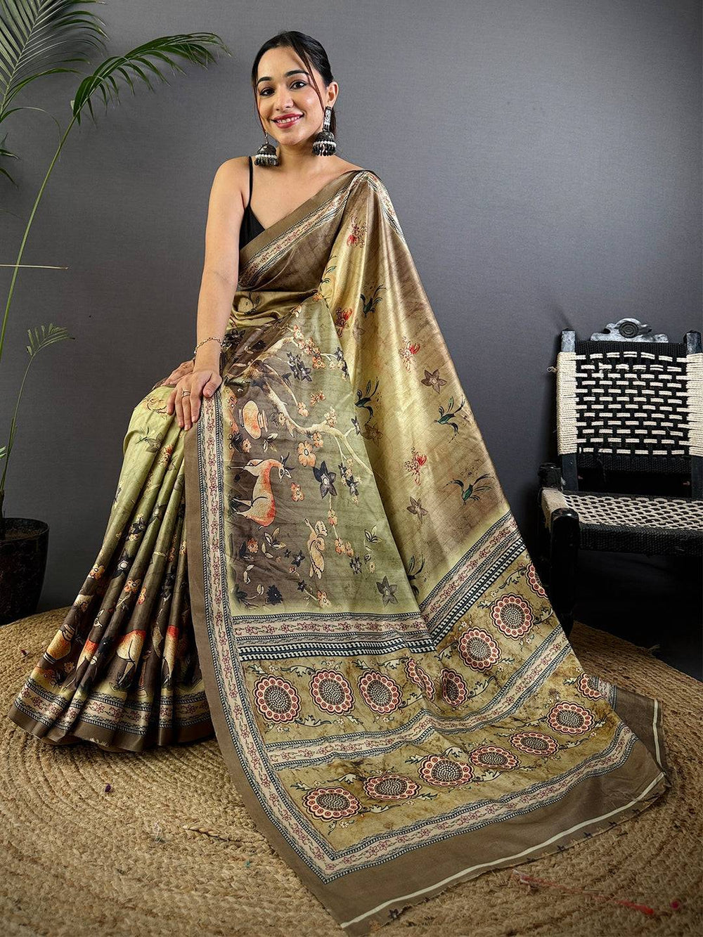 Olive Brown Soft Silk Saree with Digital Kalamkari–Style Artwork and Traditional Woven Border