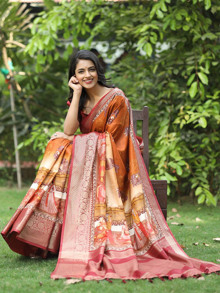Vintage Rust Banarasi Silk Saree with Royal Digital Print & Rich Zari Border