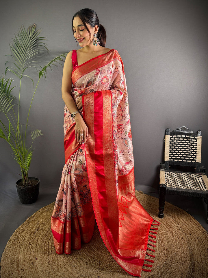 Red & Beige Soft Silk Saree with Floral Digital Print and Rich Zari Woven Pallu