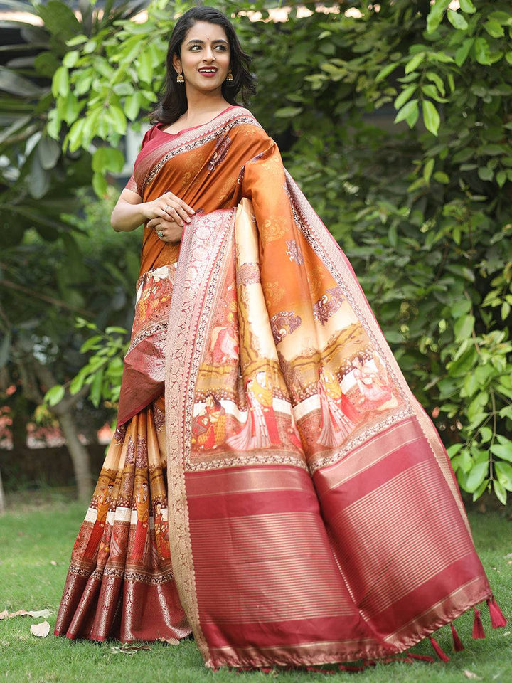 Vintage Rust Banarasi Silk Saree with Royal Digital Print & Rich Zari Border