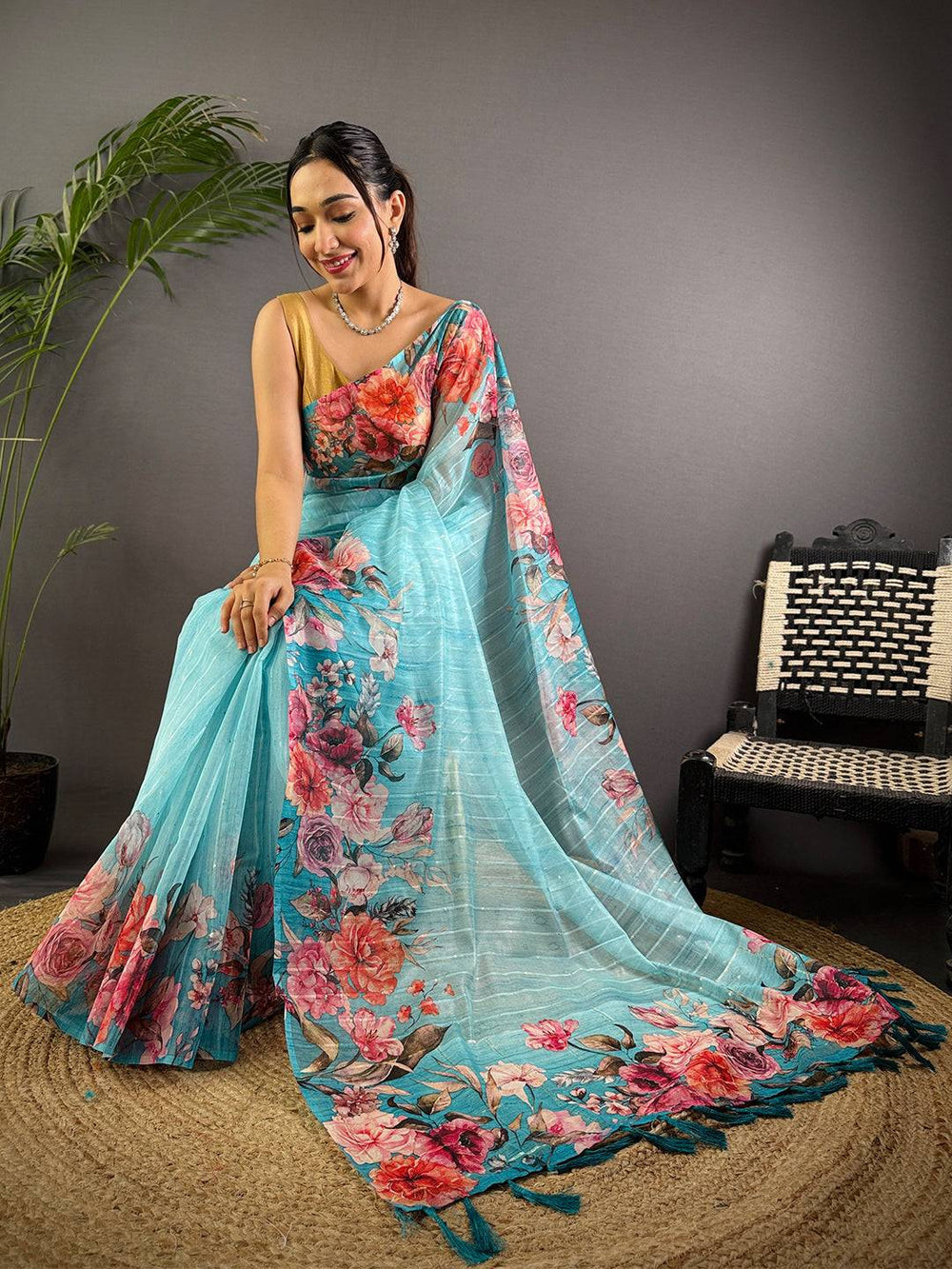 Sky Blue Soft Silk Saree with Vibrant Floral Digital Print and Tassel Pallu