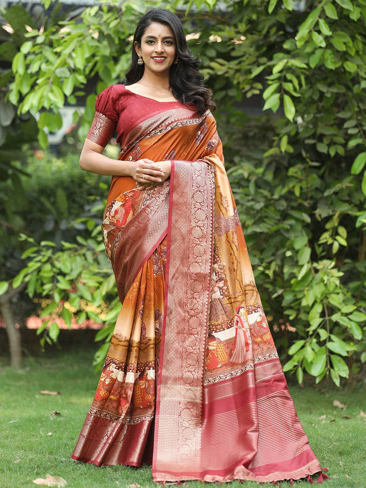 Vintage Rust Banarasi Silk Saree with Royal Digital Print & Rich Zari Border