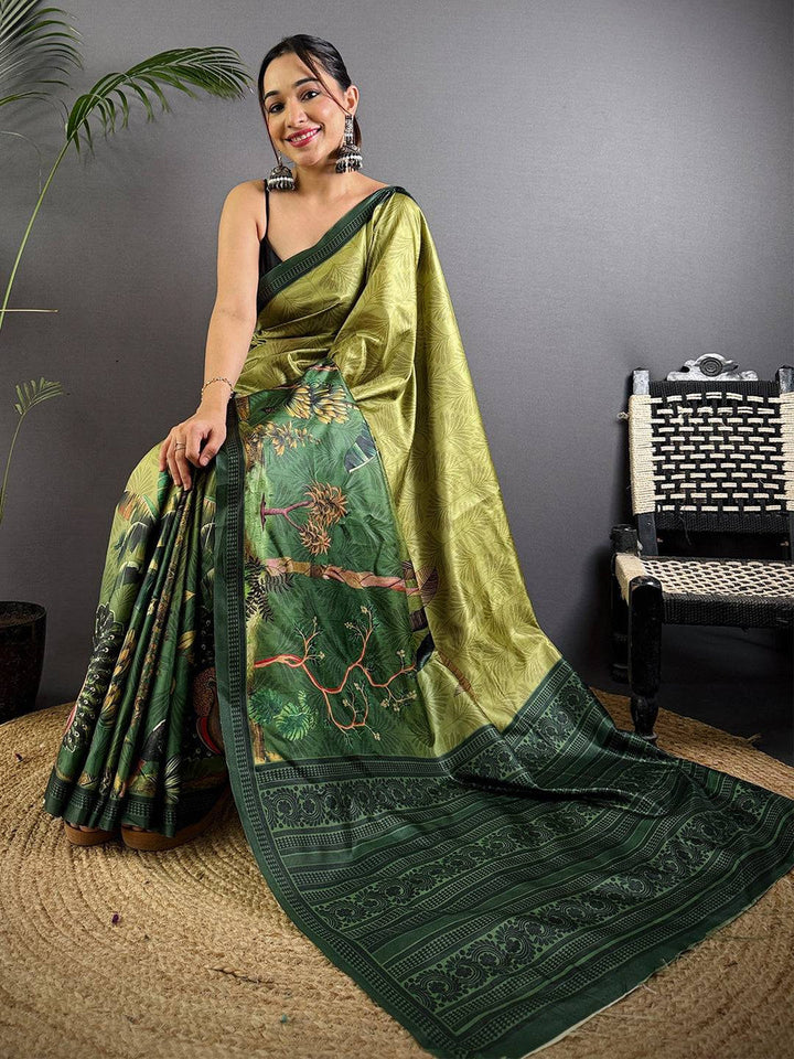 Olive Green Soft Silk Saree with Forest Themed Digital Print and Woven Green Border