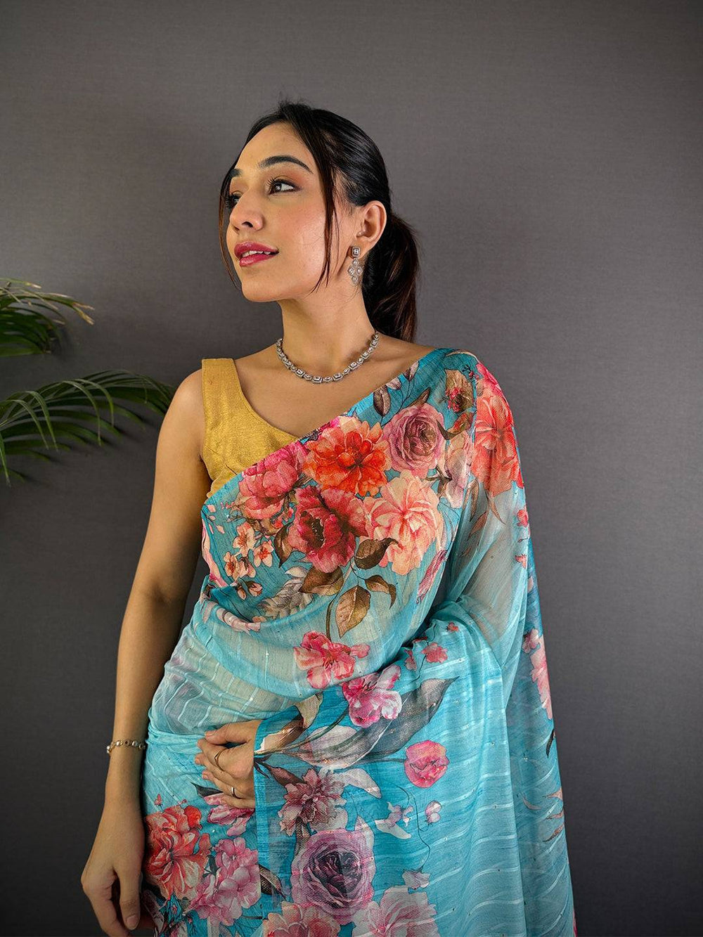 Sky Blue Soft Silk Saree with Vibrant Floral Digital Print and Tassel Pallu