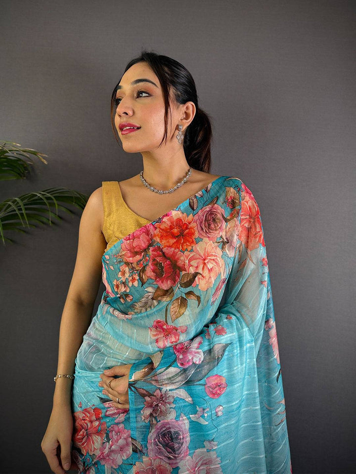 Sky Blue Soft Silk Saree with Vibrant Floral Digital Print and Tassel Pallu