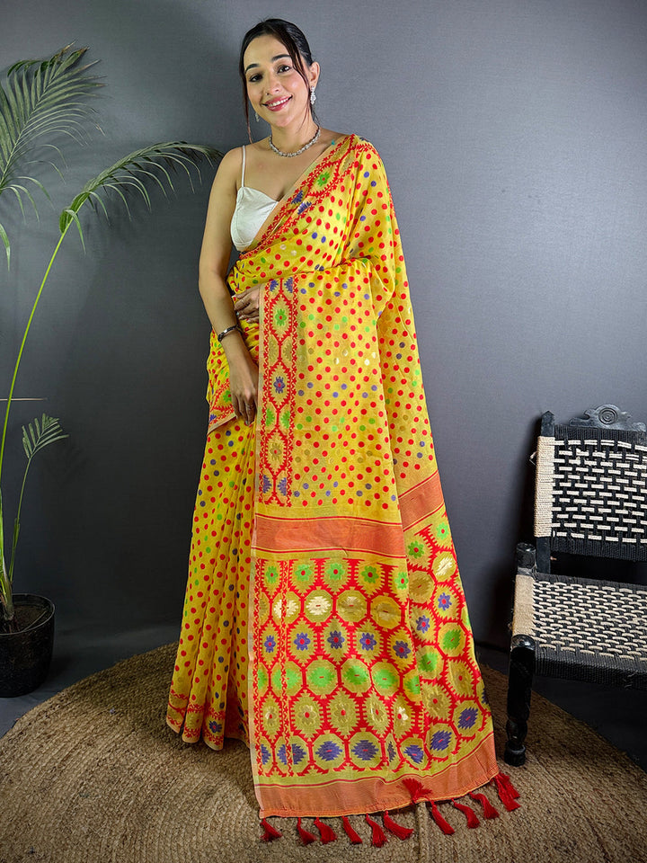 Yellow Bandhani Soft Silk Saree with Multicolor Digital Print and Traditional Patola Style Pallu