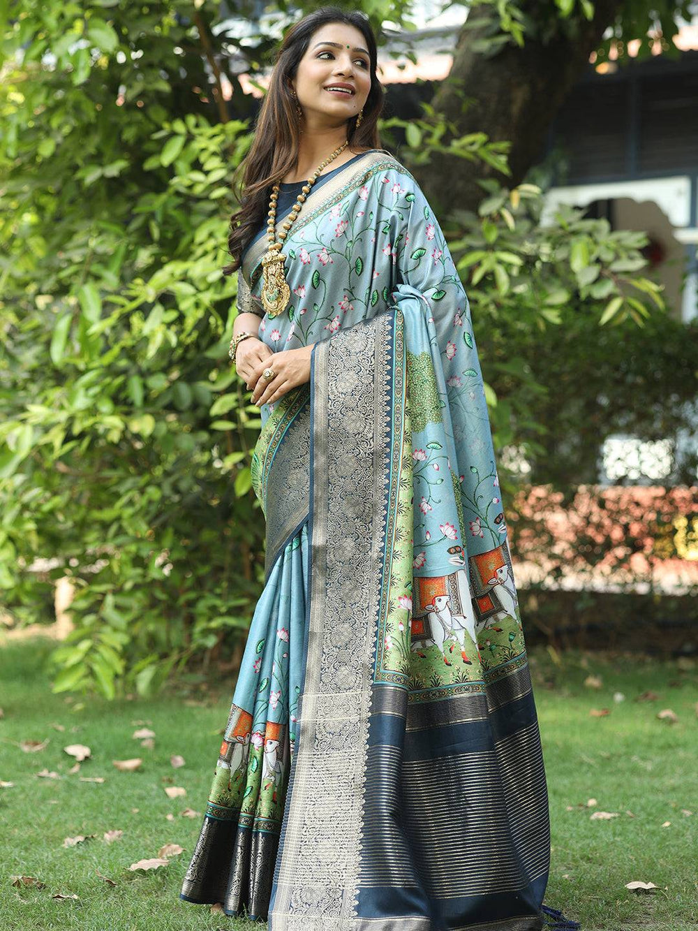 Elegant Sky Blue Banarasi Silk Saree with Royal Elephant Digital Print & Antique Zari Border
