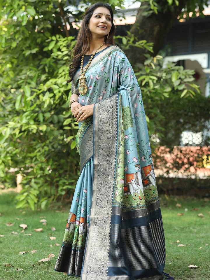 Elegant Sky Blue Banarasi Silk Saree with Royal Elephant Digital Print & Antique Zari Border