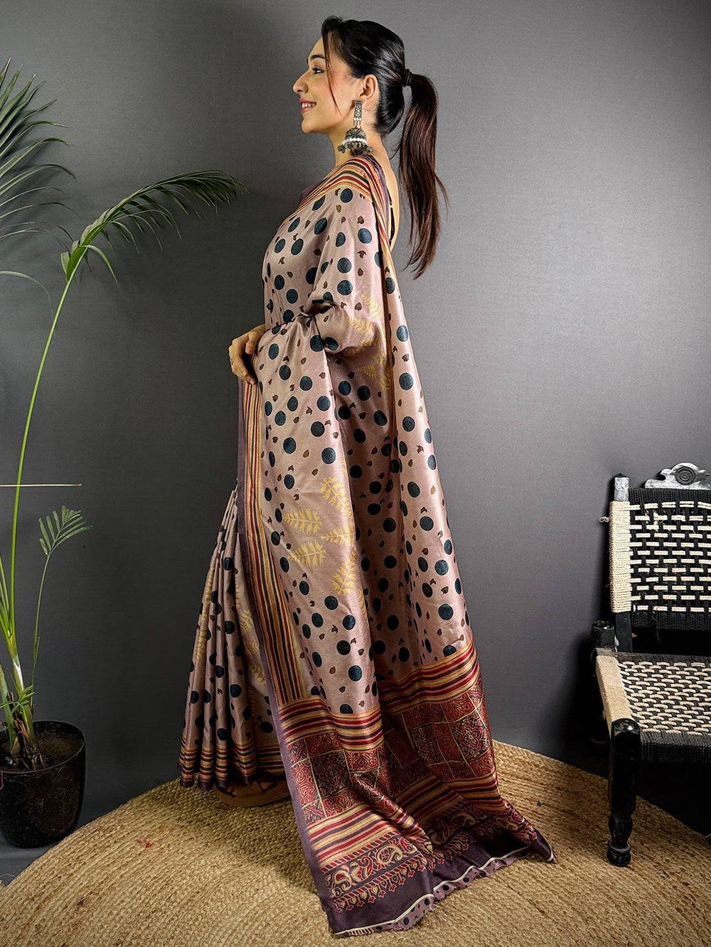 Coffee Brown Soft Silk Saree with Black Polka Digital Print and Traditional Multicolor Woven Border