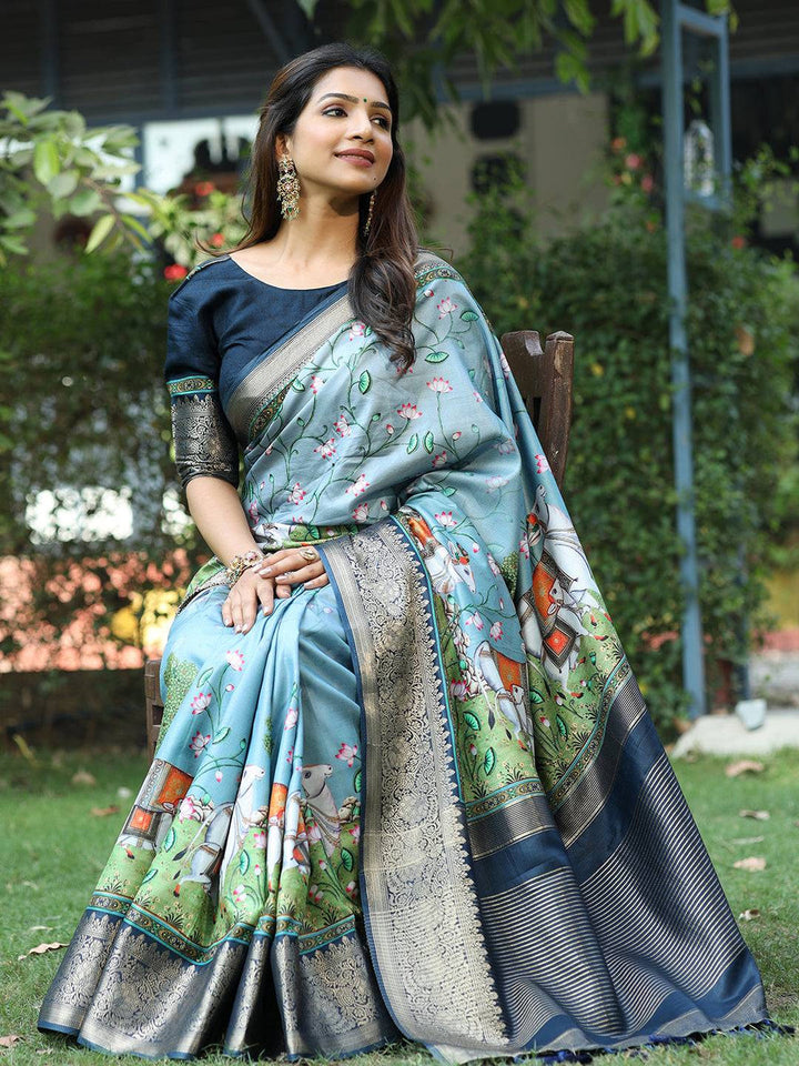 Elegant Sky Blue Banarasi Silk Saree with Royal Elephant Digital Print & Antique Zari Border
