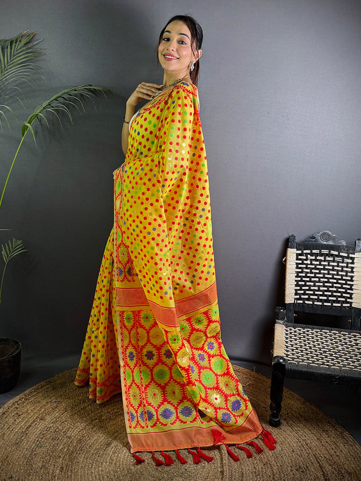 Yellow Bandhani Soft Silk Saree with Multicolor Digital Print and Traditional Patola Style Pallu