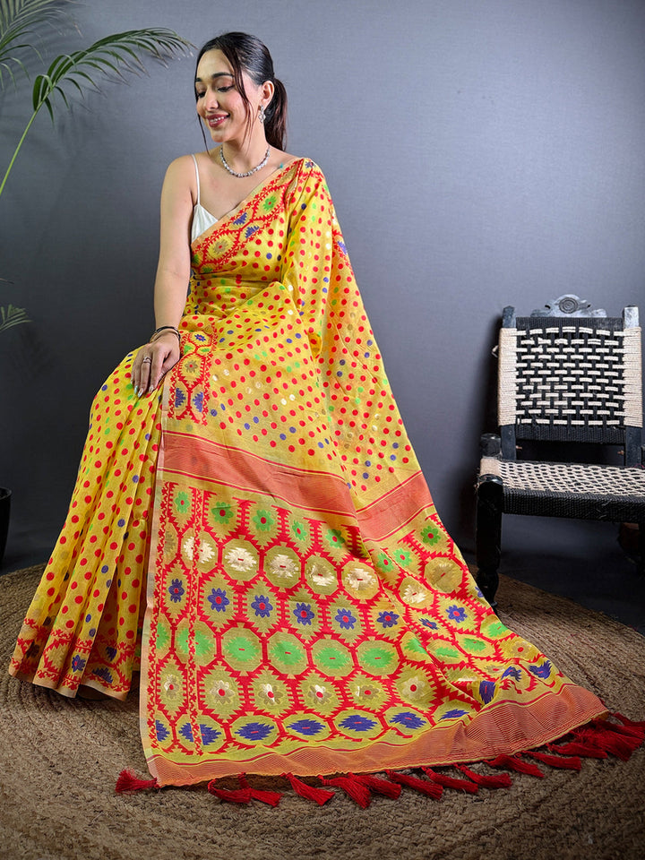 Yellow Bandhani Soft Silk Saree with Multicolor Digital Print and Traditional Patola Style Pallu