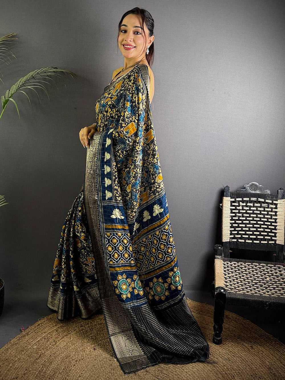 Black & Navy Blue Soft Silk Saree with Ajrakh Inspired Digital Print and Traditional Woven Zari Border