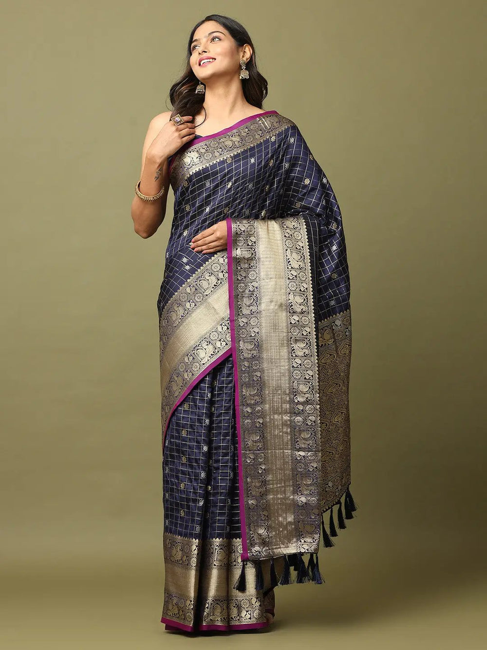 Navy Blue Banarasi Silk Saree with Golden Zari Weaving & Contrast Border