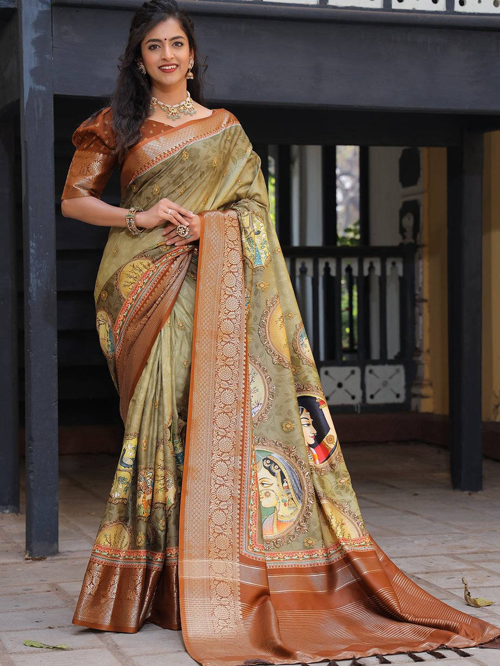 Premium Silk Banarasi Saree with Madhubani Art Print & Rich Zari Border