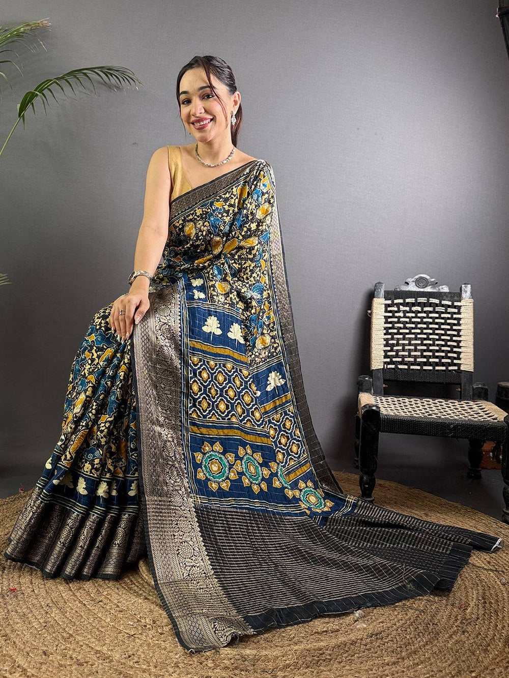 Black & Navy Blue Soft Silk Saree with Ajrakh Inspired Digital Print and Traditional Woven Zari Border
