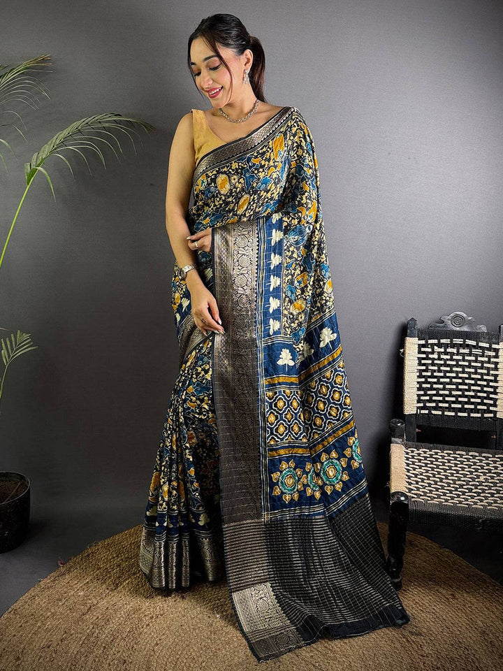 Black & Navy Blue Soft Silk Saree with Ajrakh Inspired Digital Print and Traditional Woven Zari Border