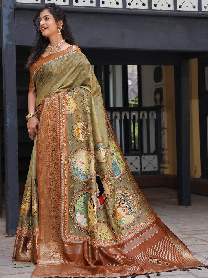 Premium Silk Banarasi Saree with Madhubani Art Print & Rich Zari Border