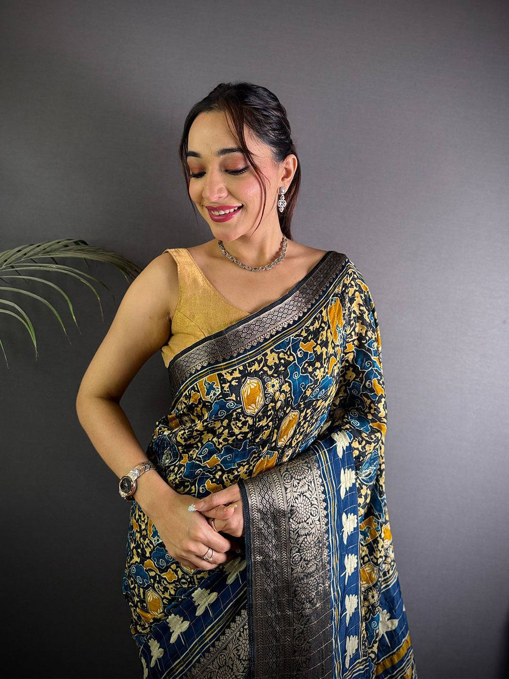Black & Navy Blue Soft Silk Saree with Ajrakh Inspired Digital Print and Traditional Woven Zari Border