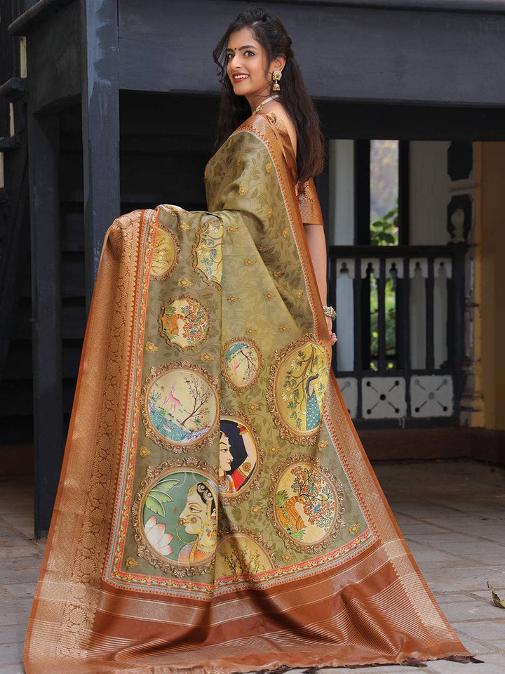 Premium Silk Banarasi Saree with Madhubani Art Print & Rich Zari Border