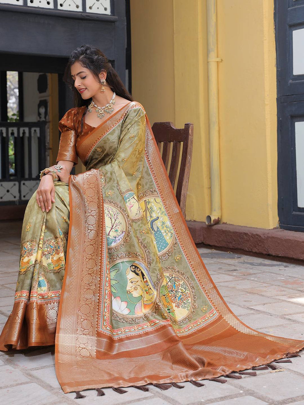 Premium Silk Banarasi Saree with Madhubani Art Print & Rich Zari Border