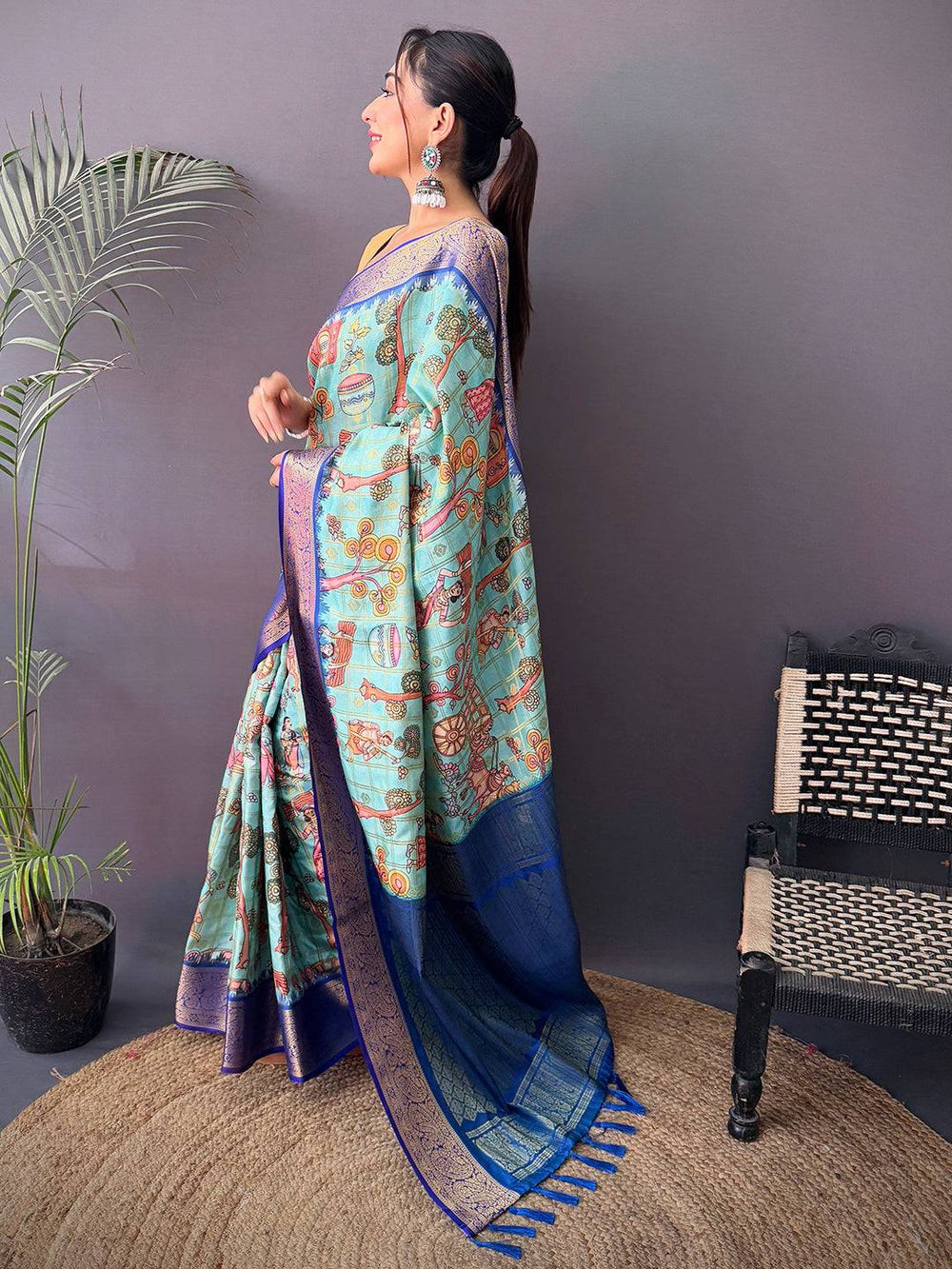 Sky Blue Soft Silk Saree with Traditional Digital Artwork and Royal Blue Zari Woven Pallu