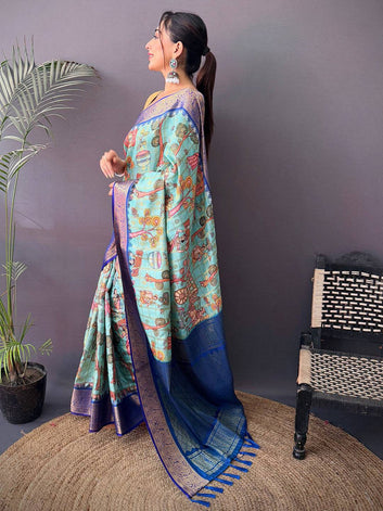 Sky Blue Soft Silk Saree with Traditional Digital Artwork and Royal Blue Zari Woven Pallu