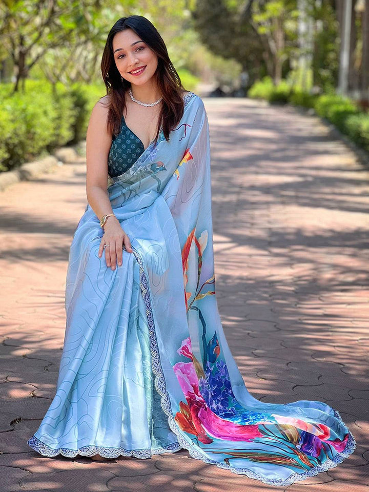 Premium Soft Organza Floral Digital Print Saree with Elegant Lace Border
