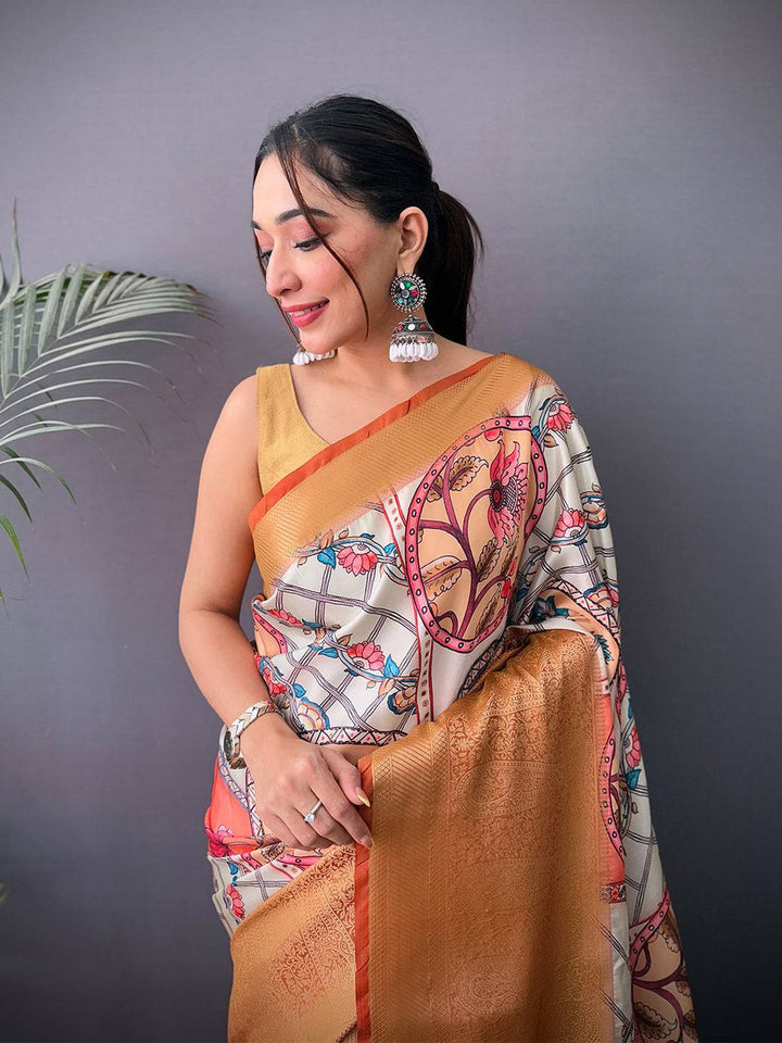 Ivory & Mustard Soft Silk Saree with Artistic Digital Print and Rich Golden Zari Pallu