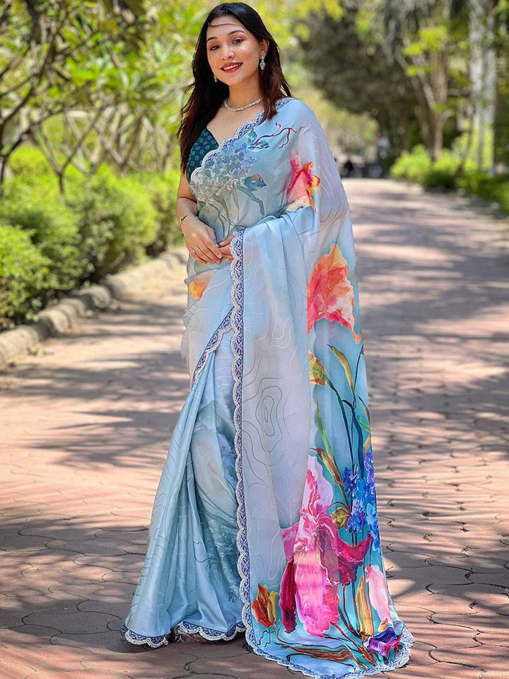 Premium Soft Organza Floral Digital Print Saree with Elegant Lace Border