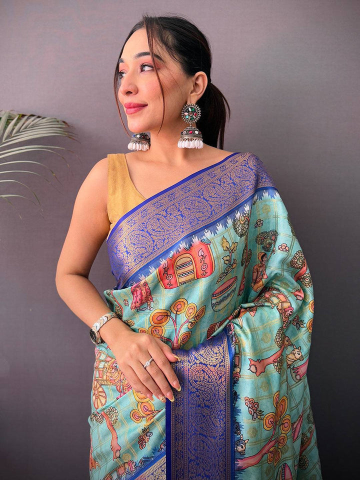Sky Blue Soft Silk Saree with Traditional Digital Artwork and Royal Blue Zari Woven Pallu