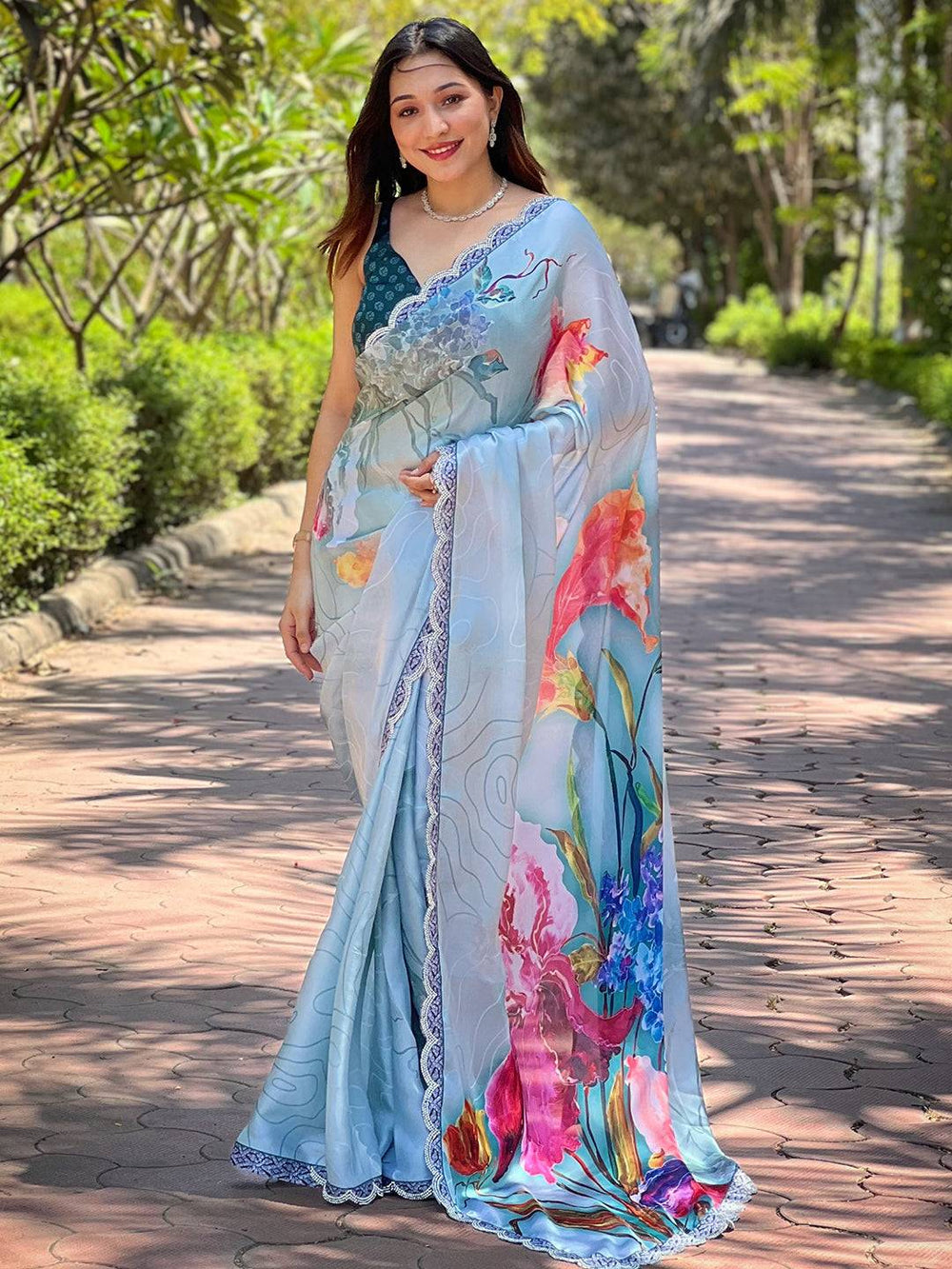 Premium Soft Organza Floral Digital Print Saree with Elegant Lace Border