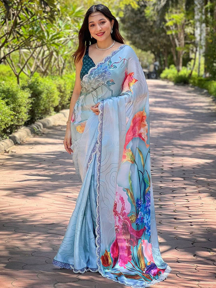 Premium Soft Organza Floral Digital Print Saree with Elegant Lace Border