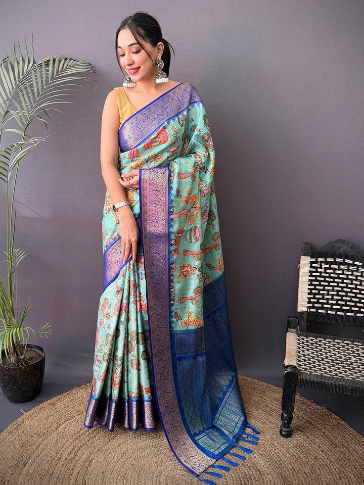 Sky Blue Soft Silk Saree with Traditional Digital Artwork and Royal Blue Zari Woven Pallu