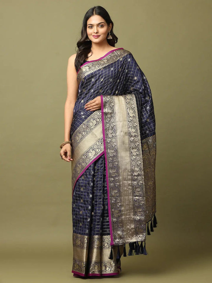 Navy Blue Banarasi Silk Saree with Golden Zari Weaving & Contrast Border
