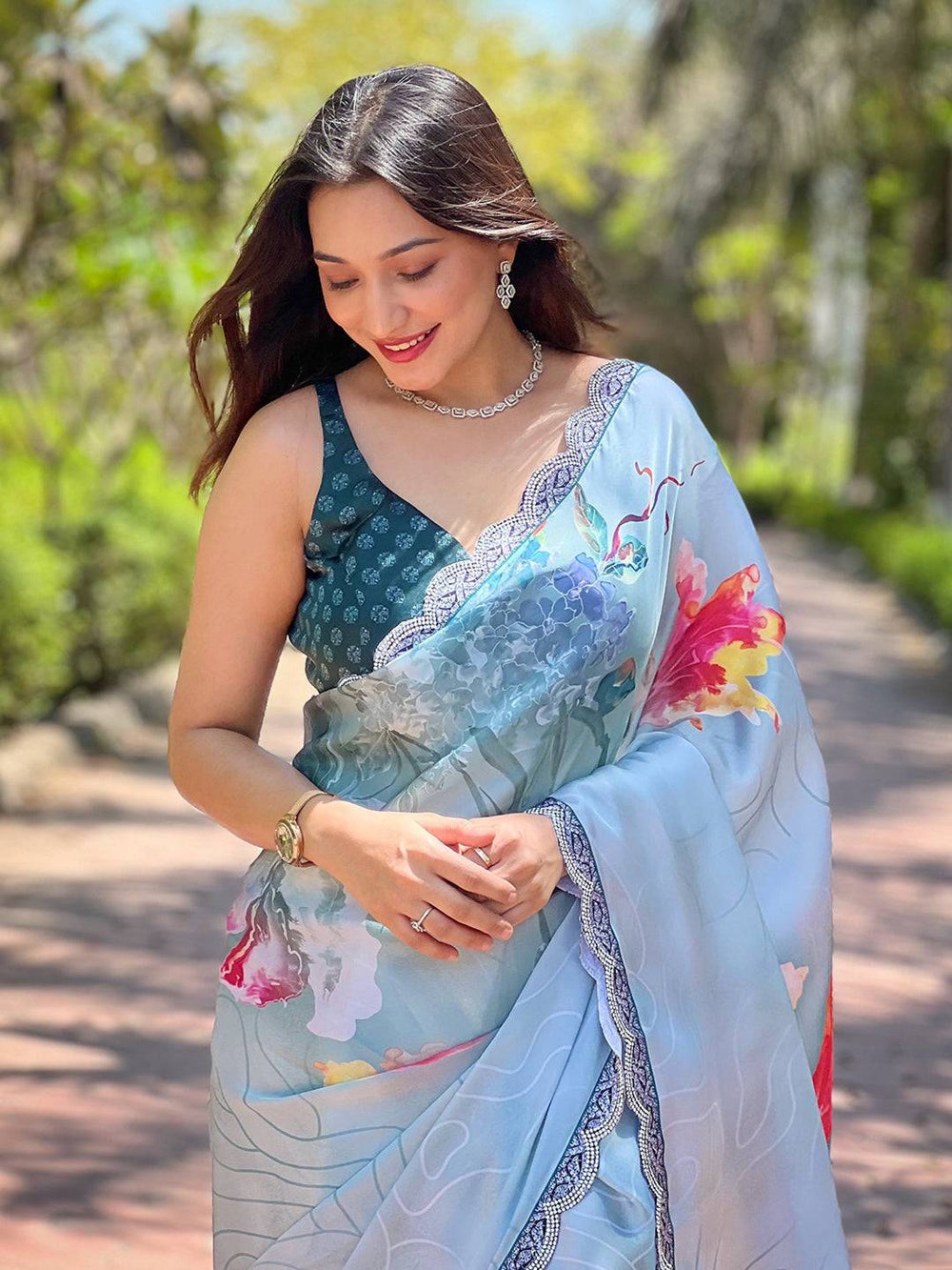 Premium Soft Organza Floral Digital Print Saree with Elegant Lace Border