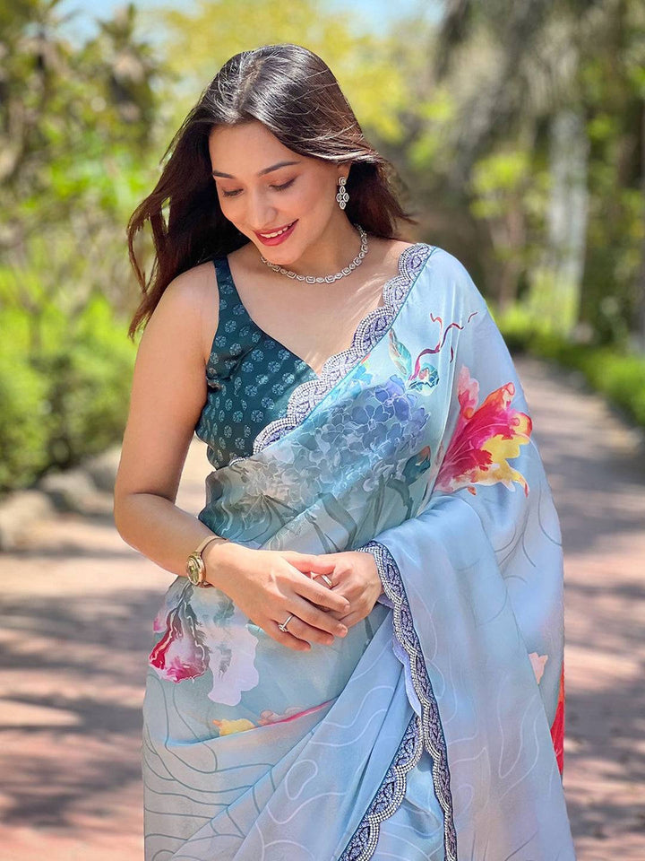 Premium Soft Organza Floral Digital Print Saree with Elegant Lace Border