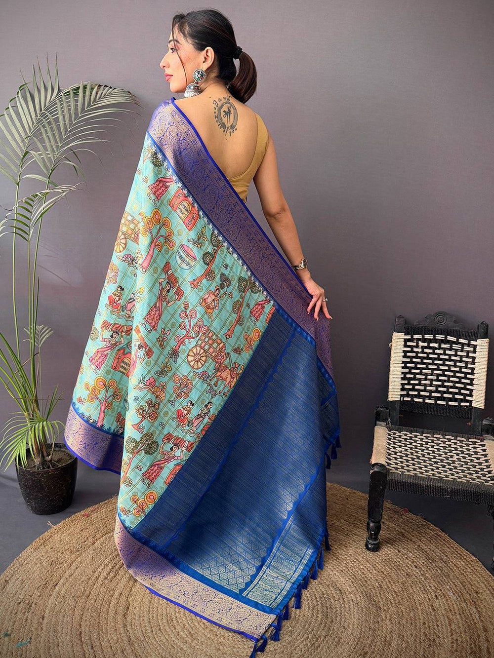 Sky Blue Soft Silk Saree with Traditional Digital Artwork and Royal Blue Zari Woven Pallu