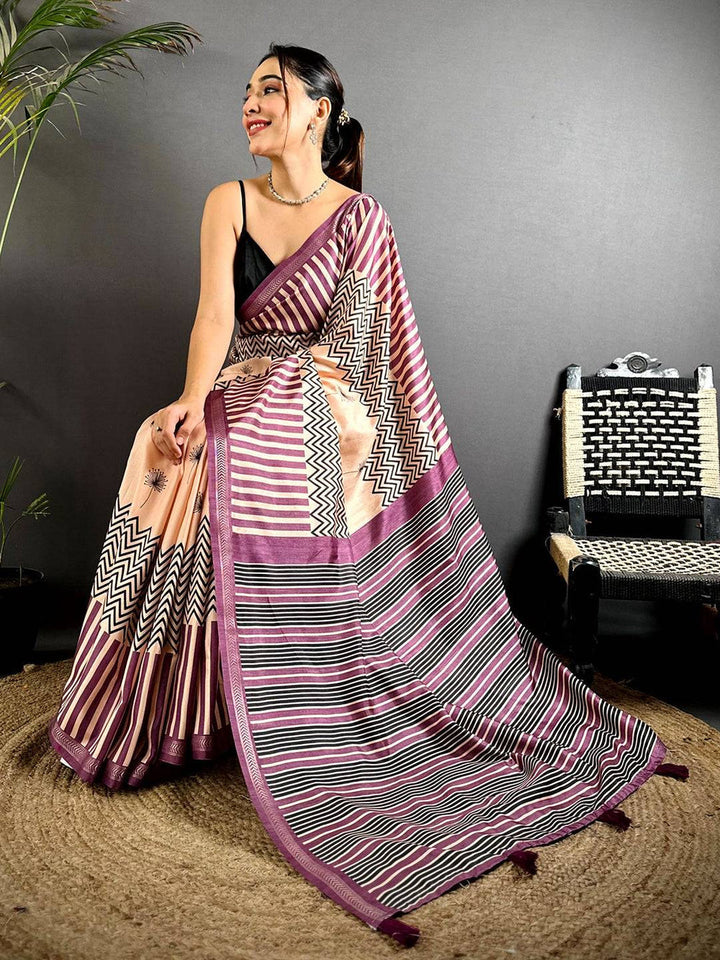 Purple & Black Soft Silk Saree with Modern Striped & Zigzag Digital Print