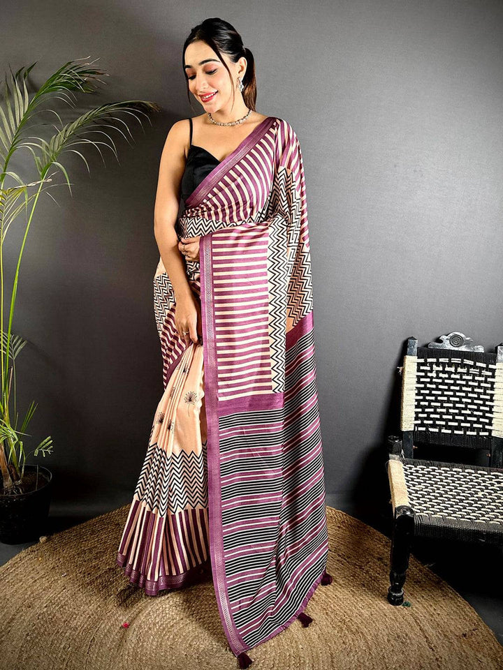 Purple & Black Soft Silk Saree with Modern Striped & Zigzag Digital Print
