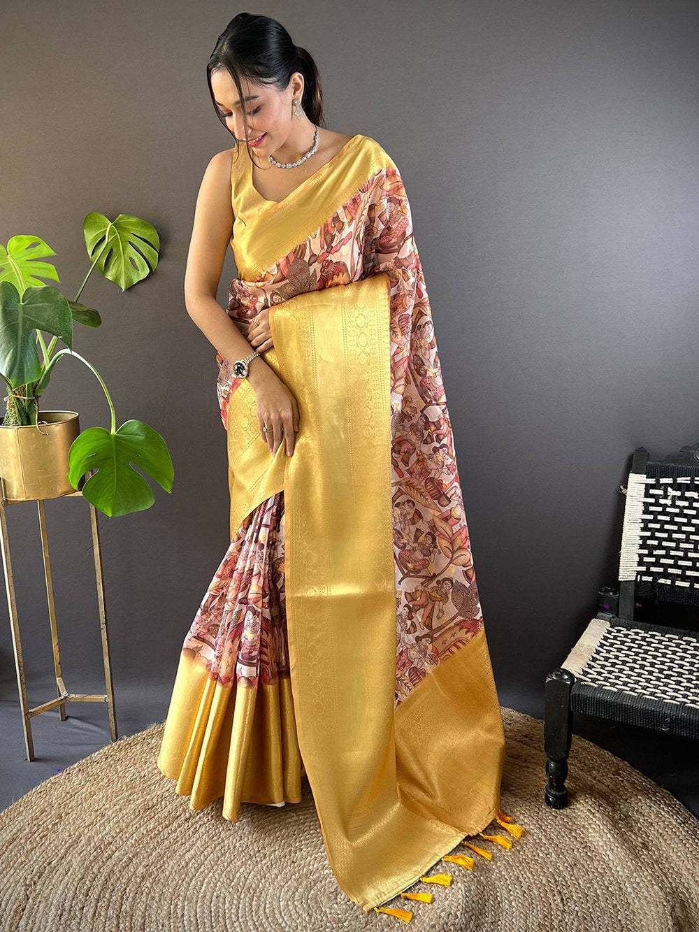 Premium Soft Silk Saree in Golden Yellow with Digital Print & Rich Zari Pallu