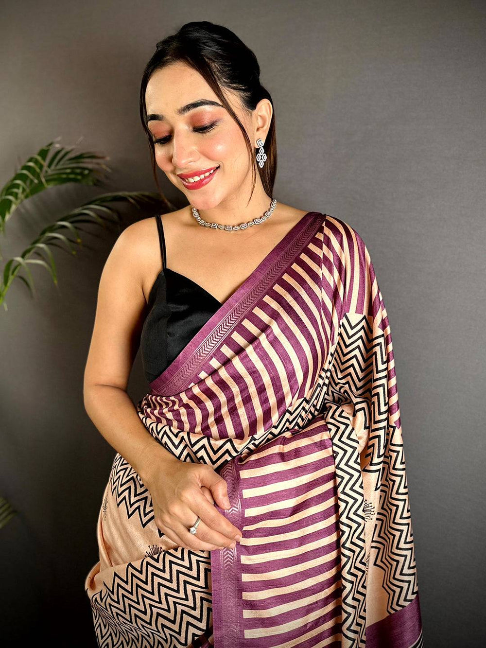 Purple & Black Soft Silk Saree with Modern Striped & Zigzag Digital Print