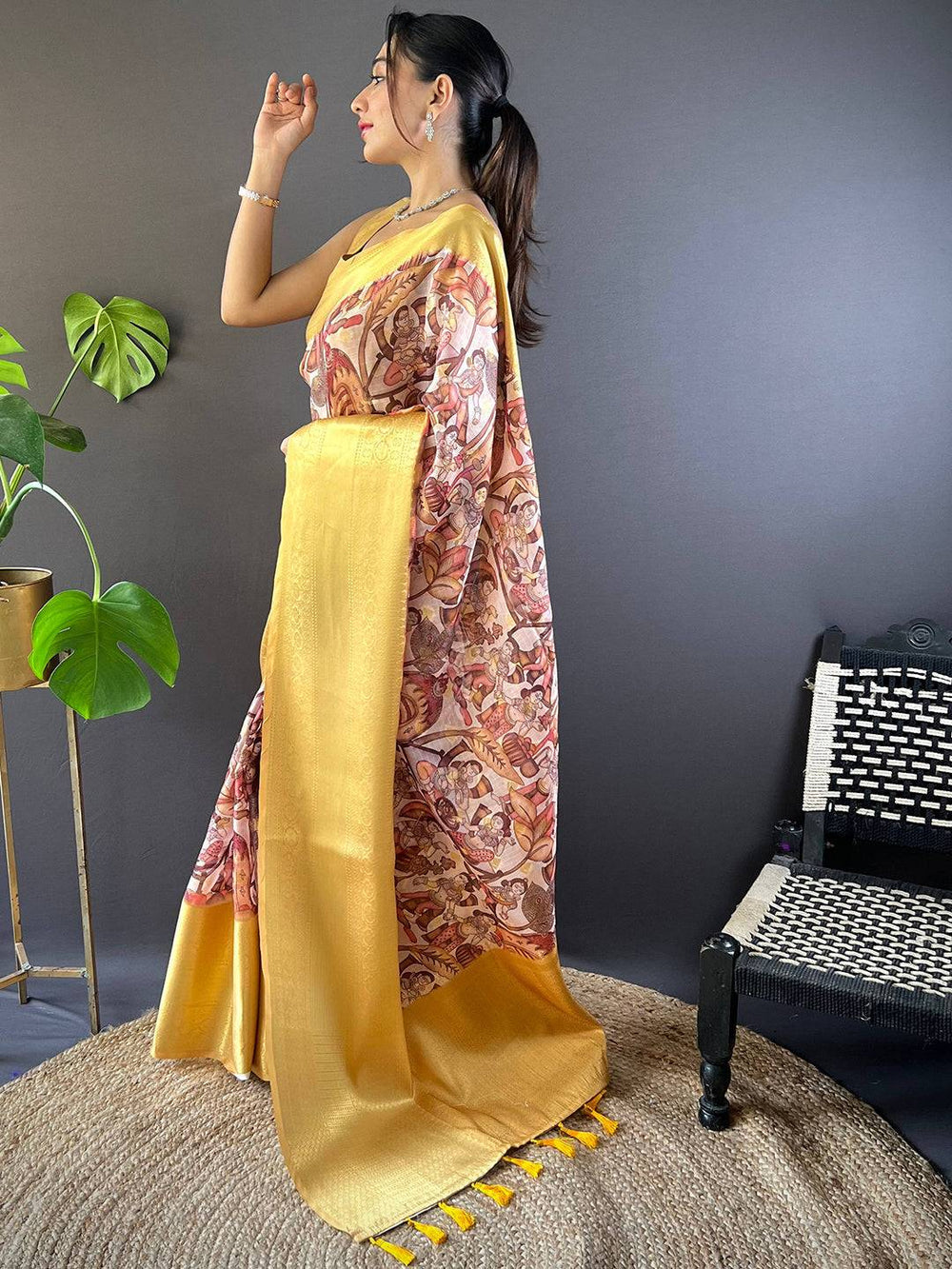 Premium Soft Silk Saree in Golden Yellow with Digital Print & Rich Zari Pallu