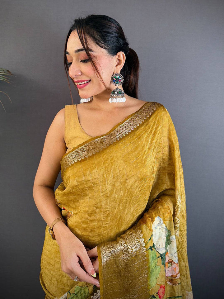 Olive Gold Soft Silk Saree with Floral Digital Print and Elegant Zari Woven Border