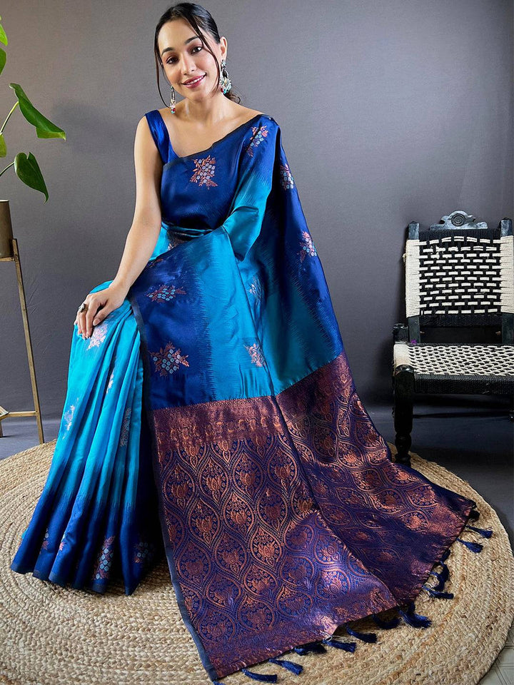 Royal Blue Kanjivaram Silk Saree with Copper Zari Weaving & Contrast Pallu