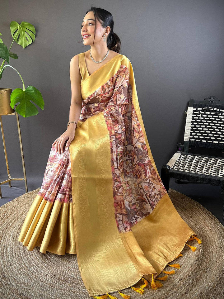 Premium Soft Silk Saree in Golden Yellow with Digital Print & Rich Zari Pallu