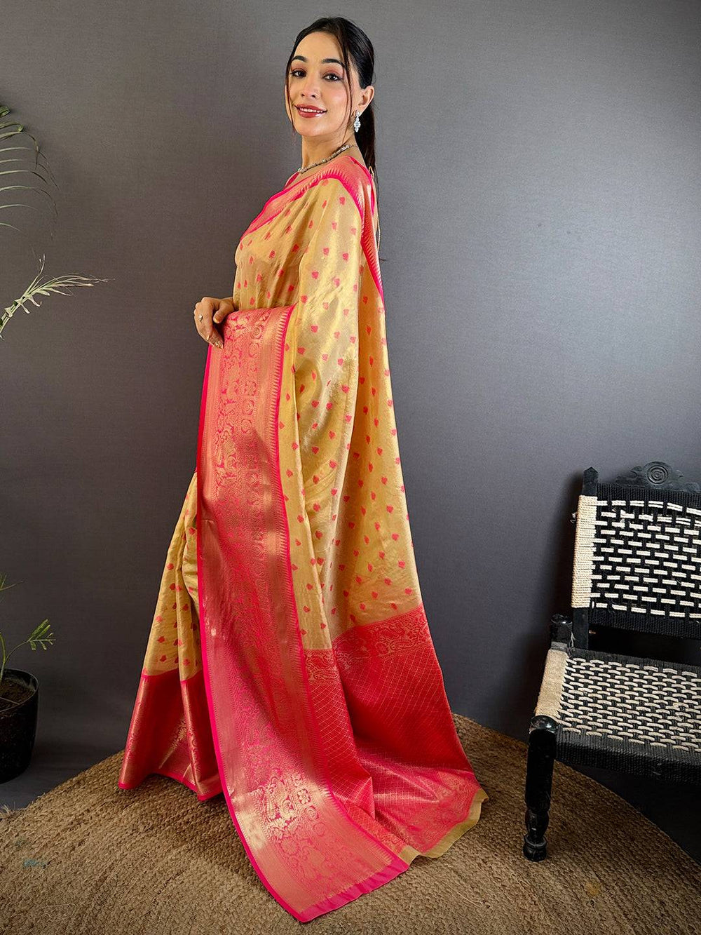 Golden Banarasi Silk Saree with Hot Pink Zari Border & Heart Motif Weaving