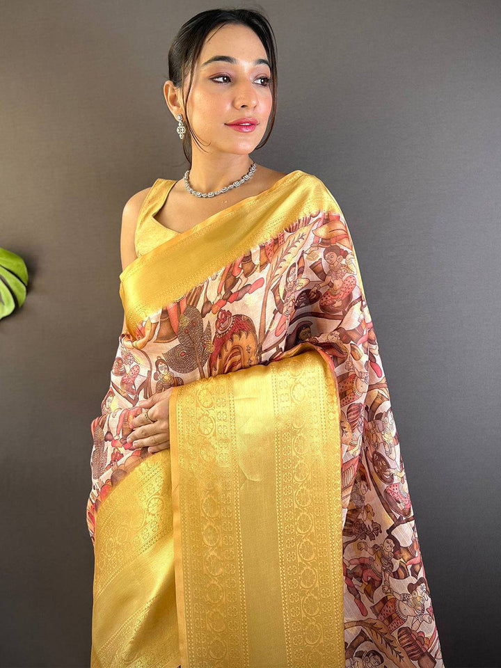 Premium Soft Silk Saree in Golden Yellow with Digital Print & Rich Zari Pallu