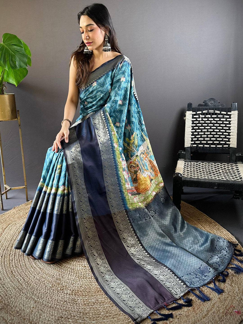 Teal Blue Linen Silk Saree with Silver Zari Border & Artistic Pallu