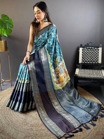 Teal Blue Linen Silk Saree with Silver Zari Border & Artistic Pallu